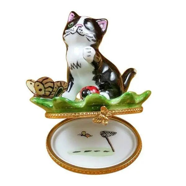 Cat on Leaf with Ladybug and Butterfly Porcelain Limoges Cat Bugs French Trinket Box