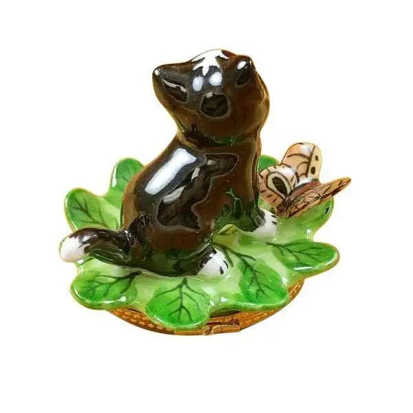 Cat on Leaf with Ladybug and Butterfly Porcelain Limoges Cat Bugs French Trinket Box