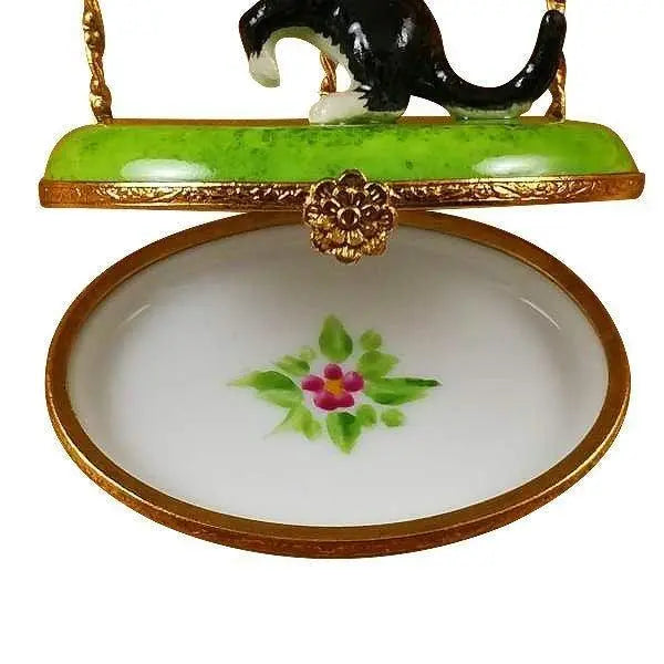 Cat with Birdhouses Porcelain Limoges cat bird French Trinket Box