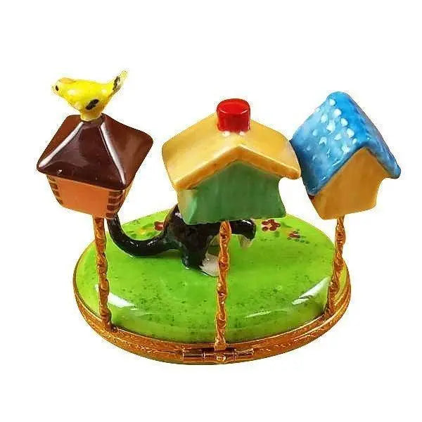 Cat with Birdhouses Porcelain Limoges cat bird French Trinket Box