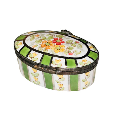 Charming Green Striped Floral Box Porcelain Limoges traditional French Trinket Box