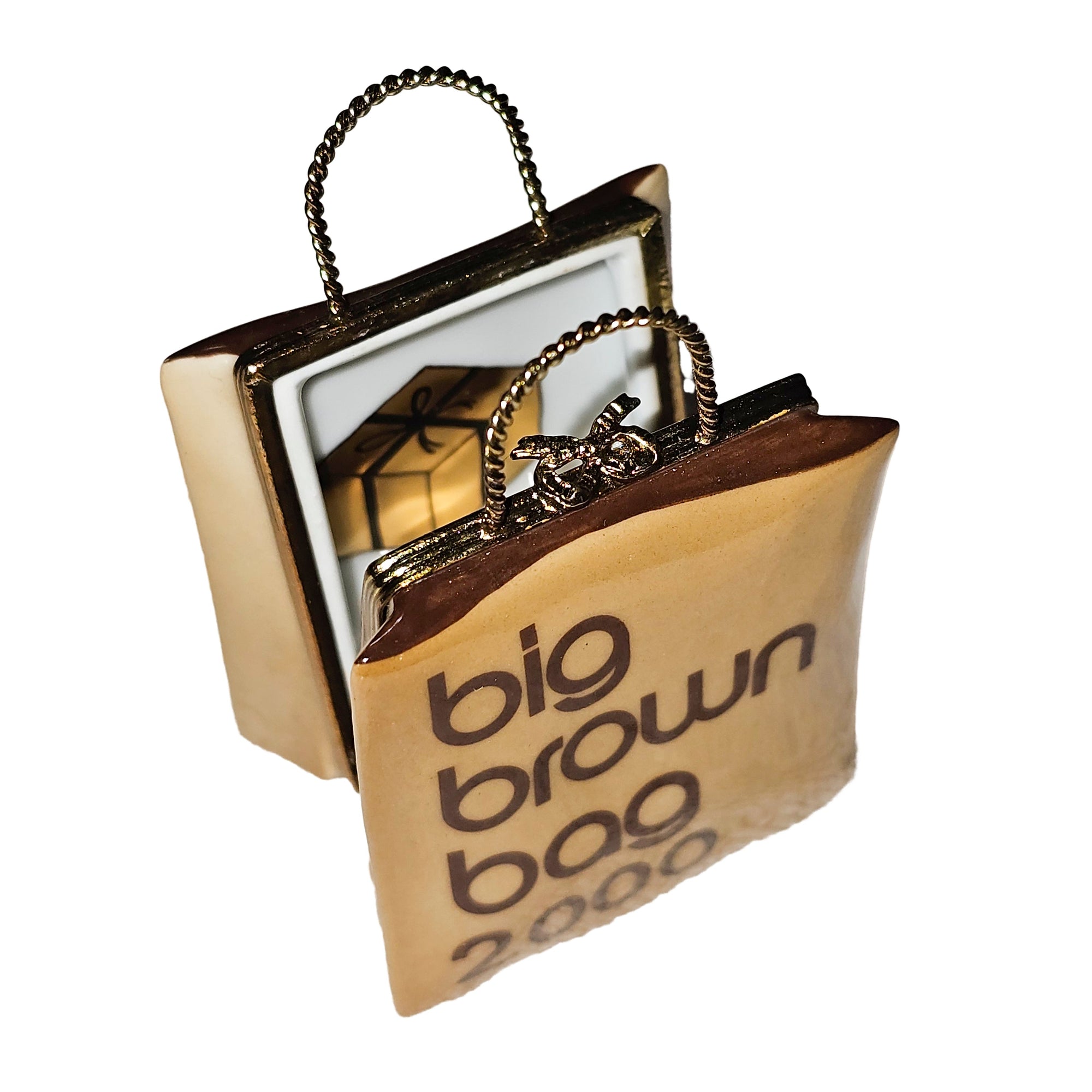 Chic Brown Shopping Bag Keepsake Porcelain Limoges Purse Bag French Trinket Box