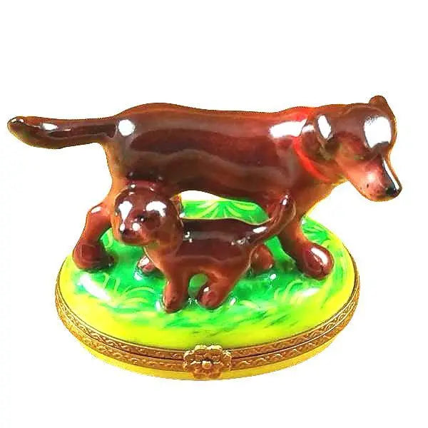 Chocolate Labrador with Puppy Porcelain Limoges Dog French Trinket Box