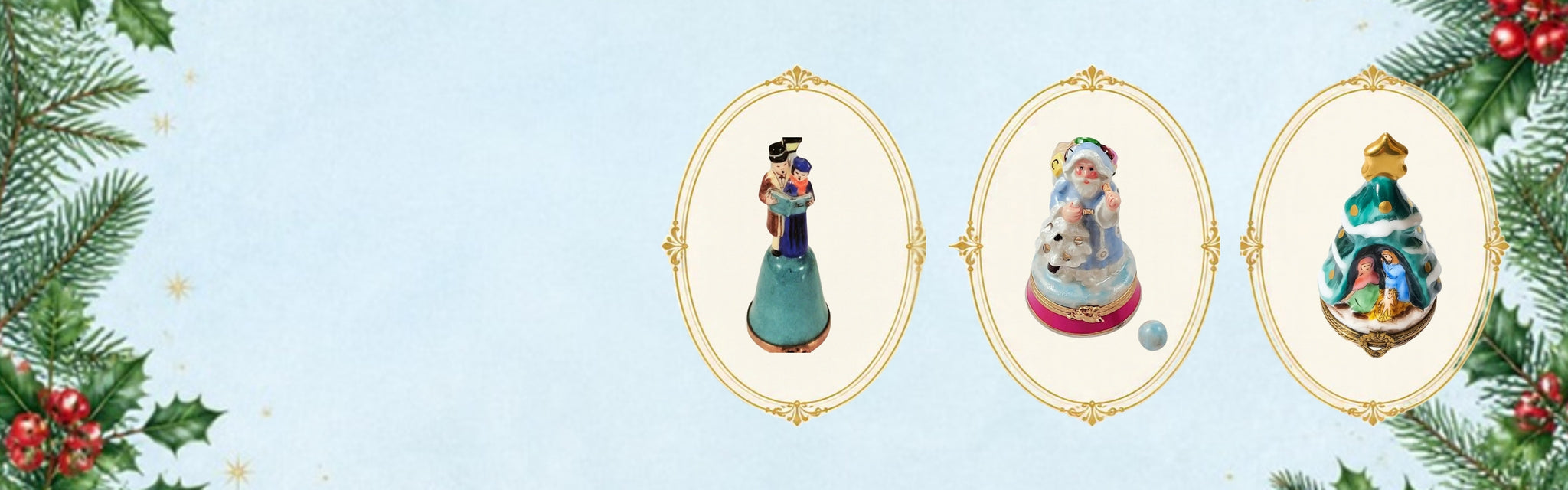 Christmas Limoges boxes: Dickens Carolers Bell, Blue Santa Christmas Bag and Nativity Christmas Tree in gold cameo frames