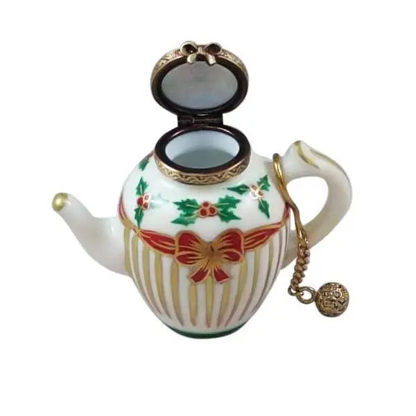 Christmas Teapot with Metal Teaball Porcelain Limoges xmas china French Trinket Box