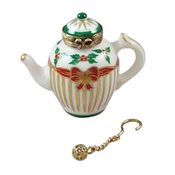 Christmas Teapot with Metal Teaball Porcelain Limoges xmas china French Trinket Box