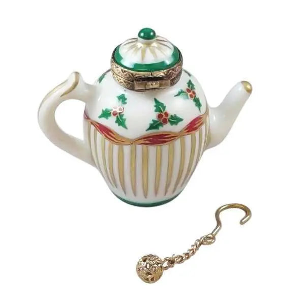 Christmas Teapot with Metal Teaball Porcelain Limoges xmas china French Trinket Box