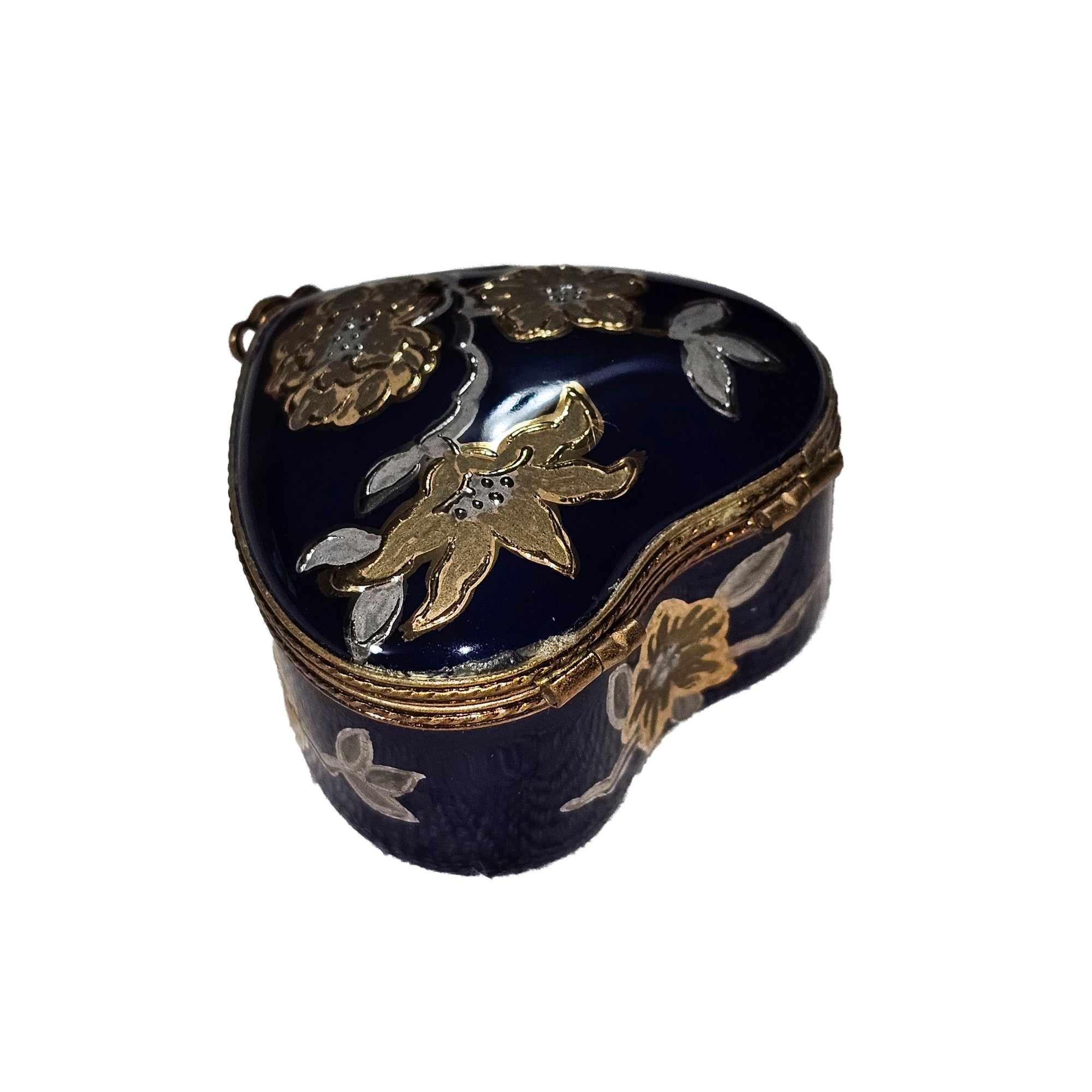 Cobalt Heart With Golden Blooms Porcelain Limoges heart French Trinket Box