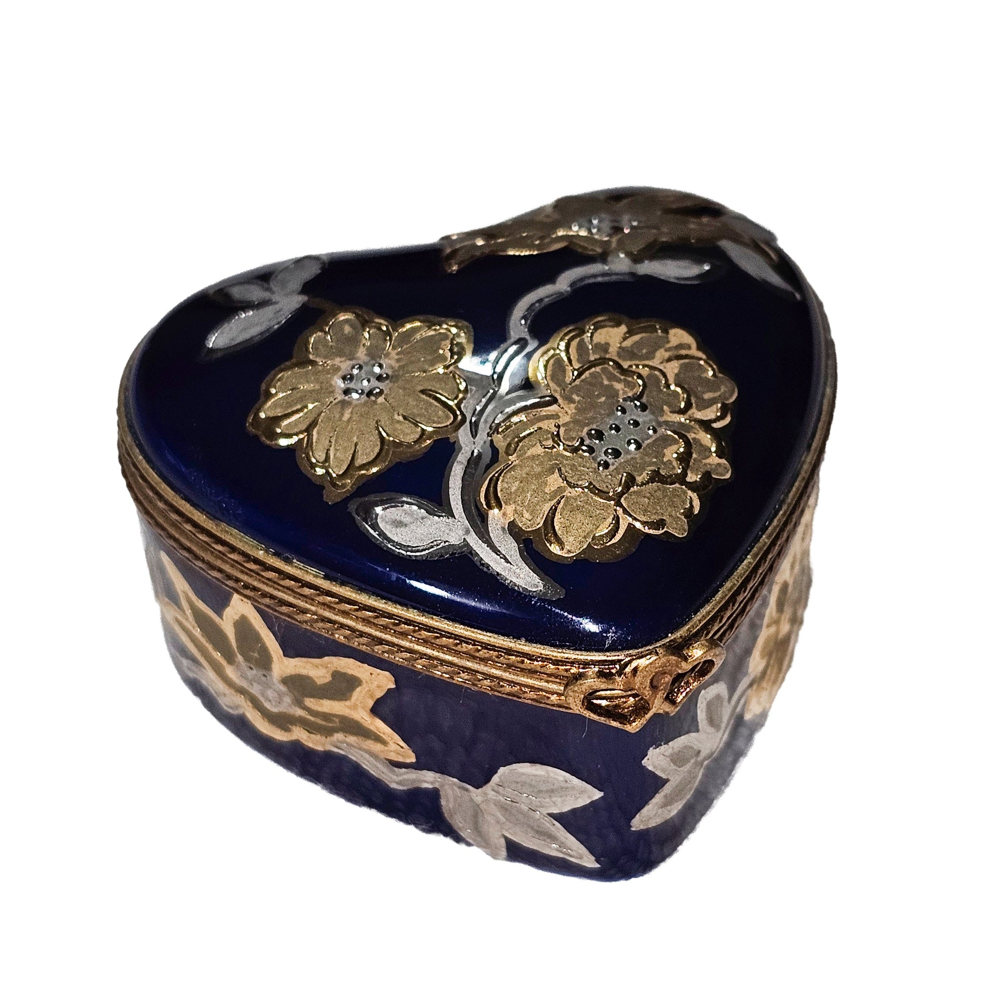 Cobalt Heart With Golden Blooms Porcelain Limoges heart French Trinket Box