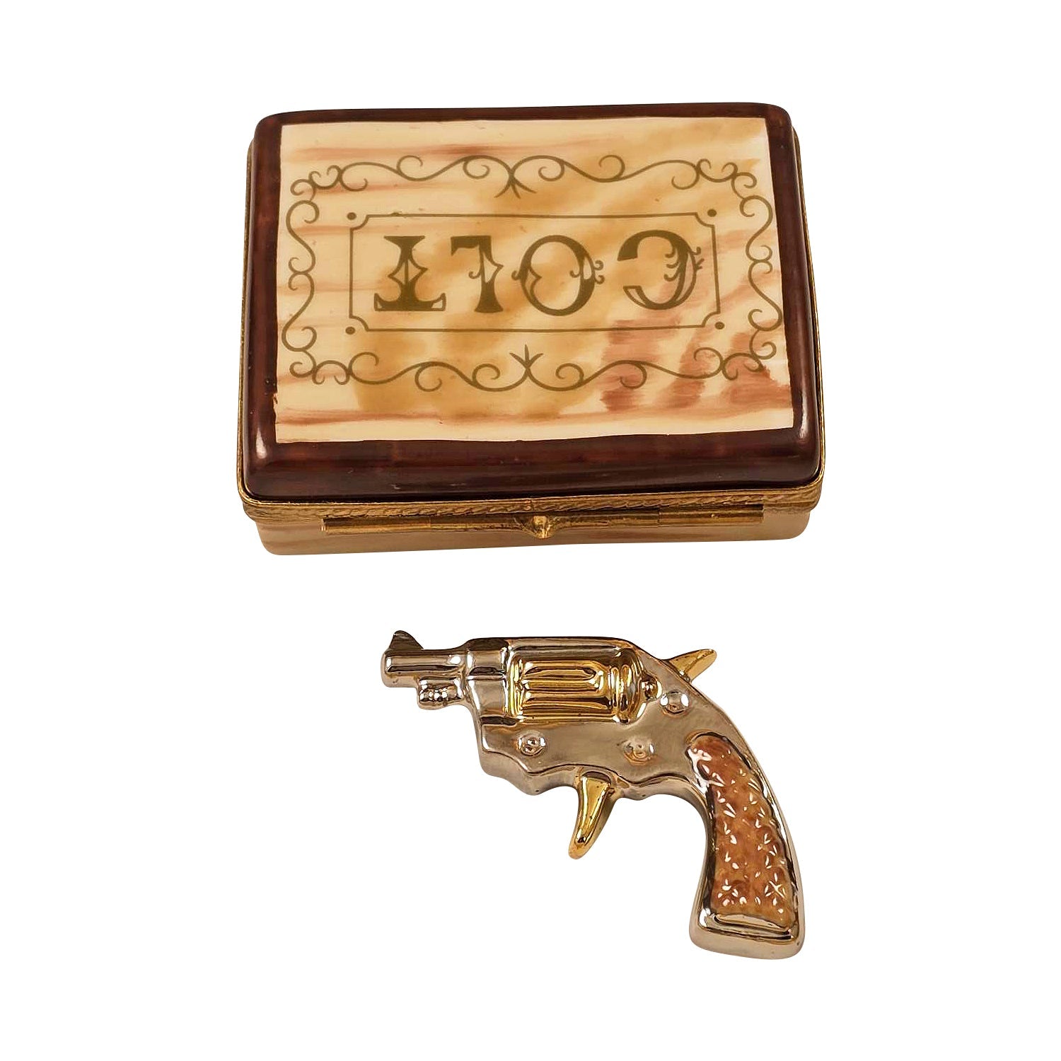Colt Revolver in Case Porcelain Limoges United States Men Sports French Trinket Box