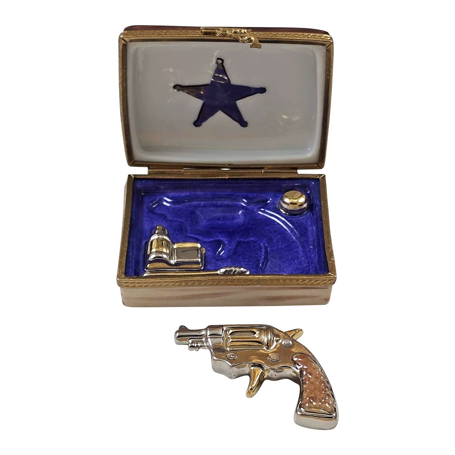 Colt Revolver in Case Porcelain Limoges United States Men Sports French Trinket Box