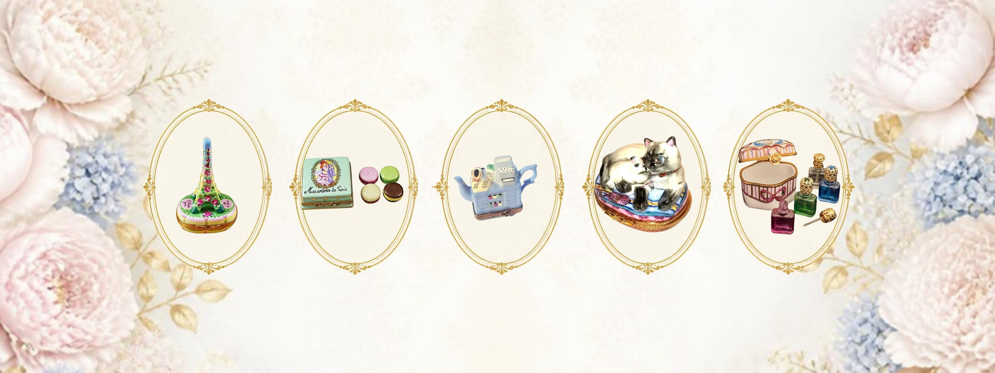 Authentic hand-painted Limoges boxes: Eiffel Tower, macarons, teapot, Siamese cats and perfume bottles