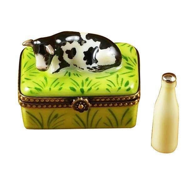 Cow with Milk Bottle Porcelain Limoges farm animals French Trinket Box