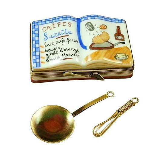 Crepes Suzettes Cookbook with Whisk and Spoon Porcelain Limoges Home Food Mother French Trinket Box