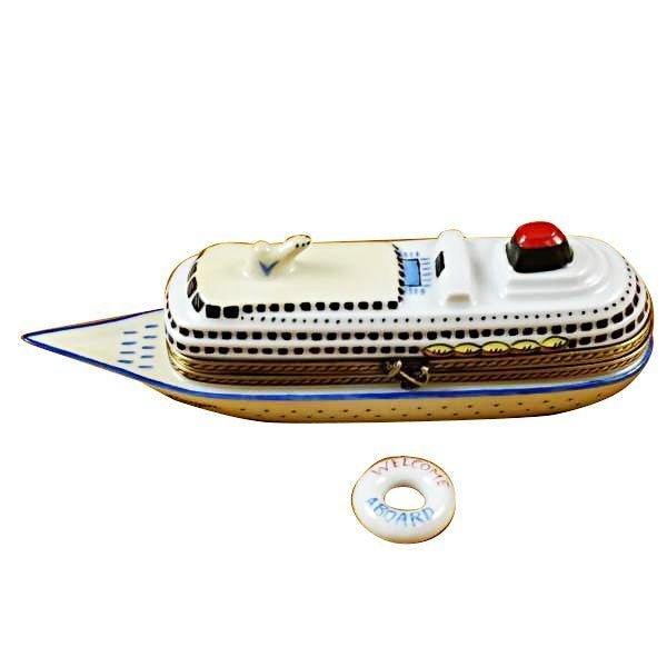 Cruise Ship with Life Buoy Porcelain Limoges travel vehicle beach French Trinket Box