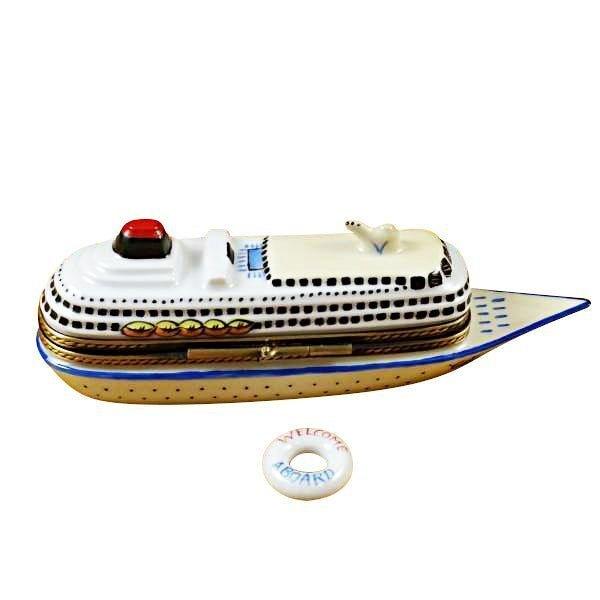 Cruise Ship with Life Buoy Porcelain Limoges travel vehicle beach French Trinket Box
