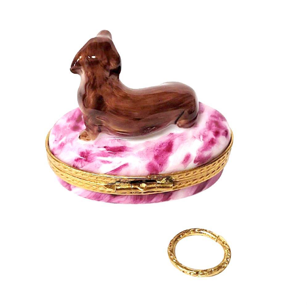Dachshund with Removable Brass Dog Collar Porcelain Limoges dog French Trinket Box