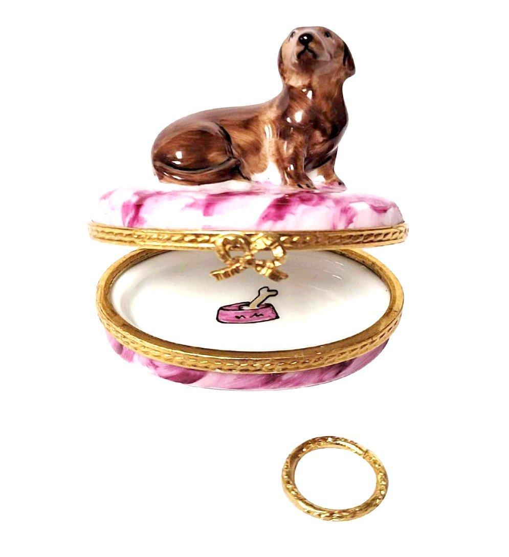 Dachshund with Removable Brass Dog Collar Porcelain Limoges dog French Trinket Box