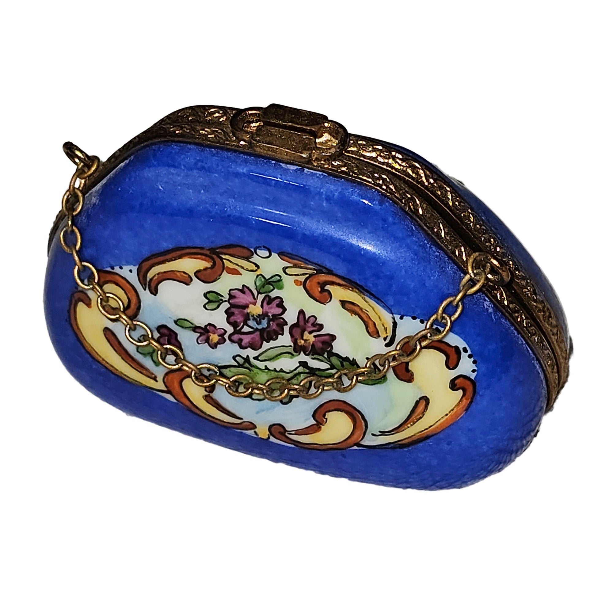 Deep Blue Floral Limoges Box Porcelain Limoges purse French Trinket Box