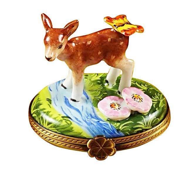 Deer with Butterfly and Flowers Porcelain Limoges wild animals butterfly French Trinket Box