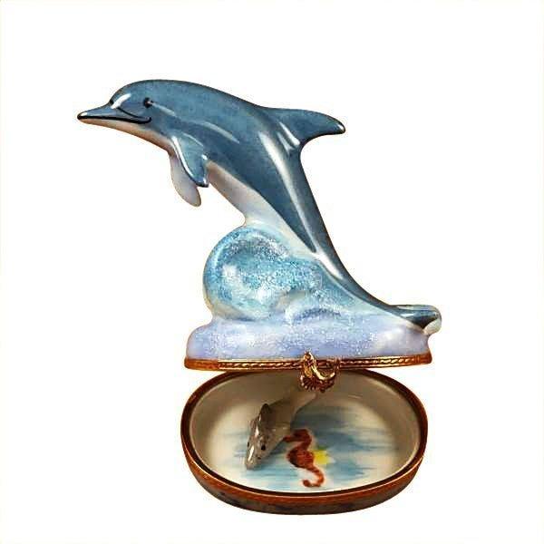 Dolphin with Baby Porcelain Limoges fish ocean beach French Trinket Box