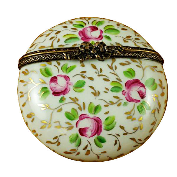 Round Gold and Pink Flowers Limoges Box