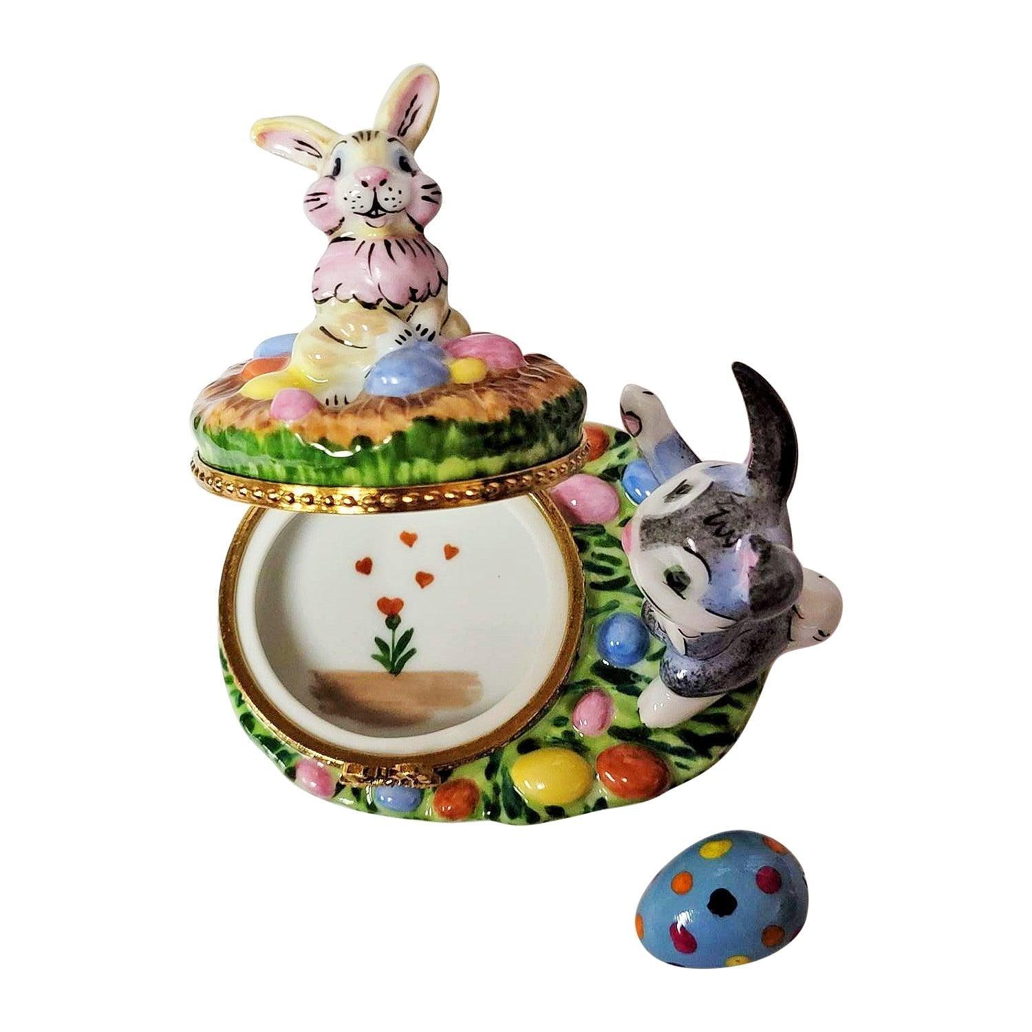 Easter Bunnies with Eggs Porcelain Limoges art painting easter rabbit French Trinket Box