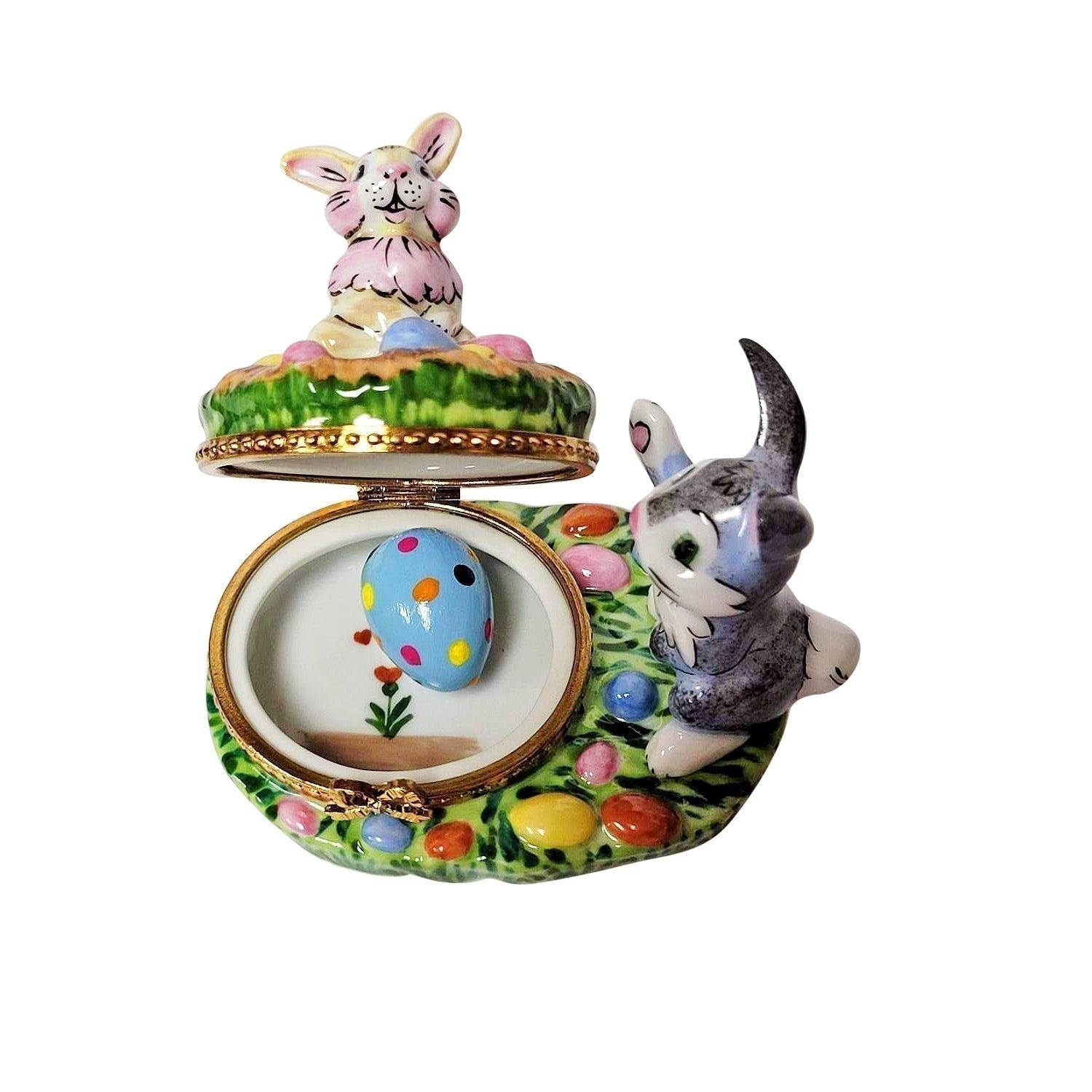 Easter Bunnies with Eggs Porcelain Limoges art painting easter rabbit French Trinket Box