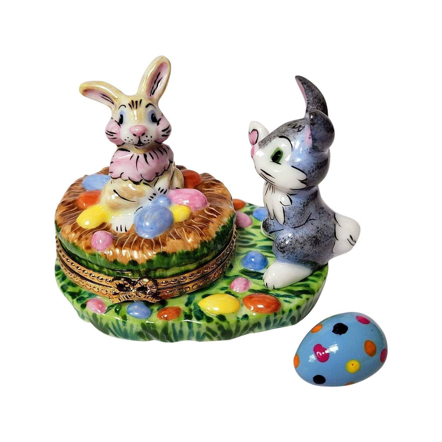 Easter Bunnies with Eggs Porcelain Limoges art painting easter rabbit French Trinket Box