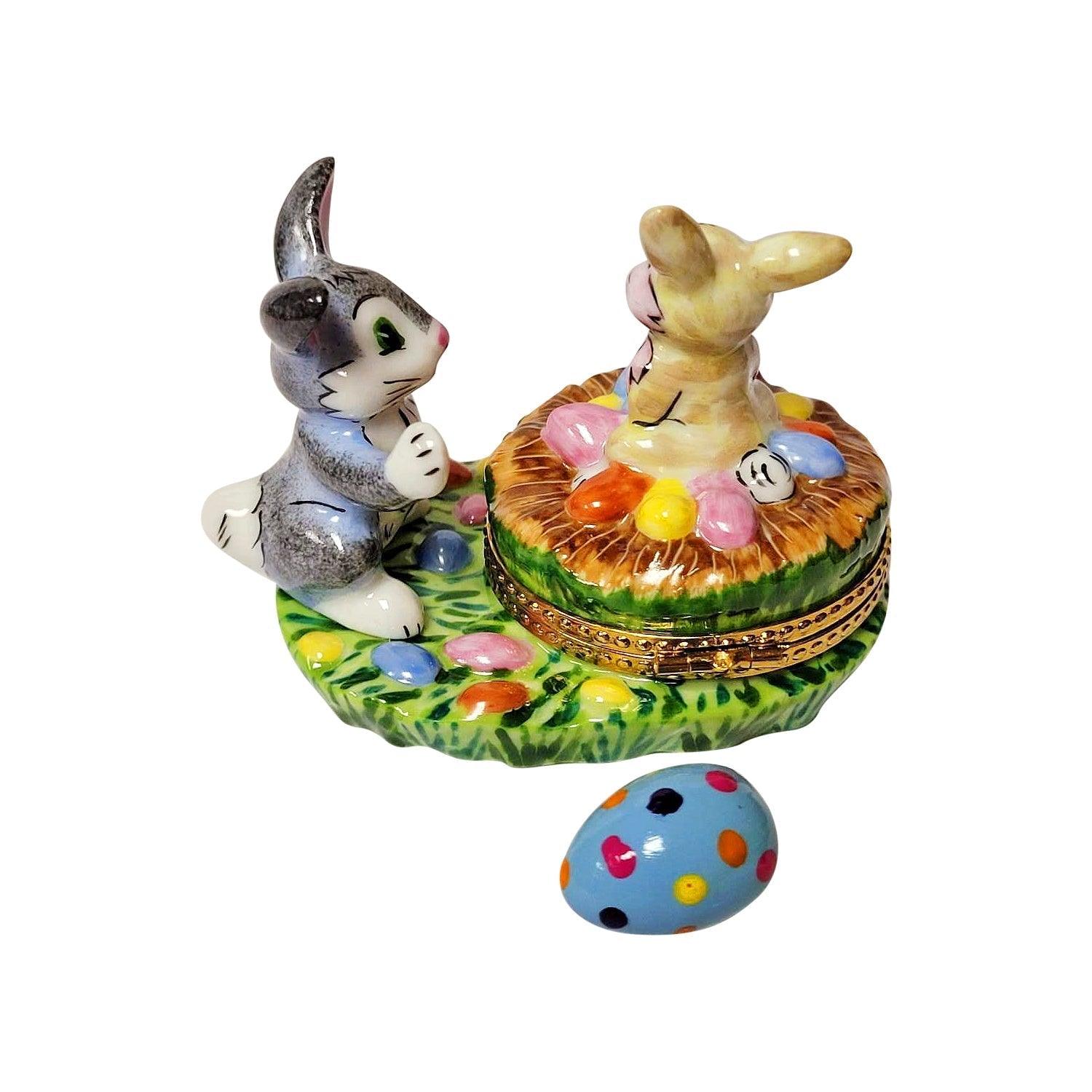 Easter Bunnies with Eggs Porcelain Limoges art painting easter rabbit French Trinket Box