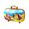 Artoria Egypt travel Limoges box featuring hand-painted pyramids and Sphinx design in blue and yellow