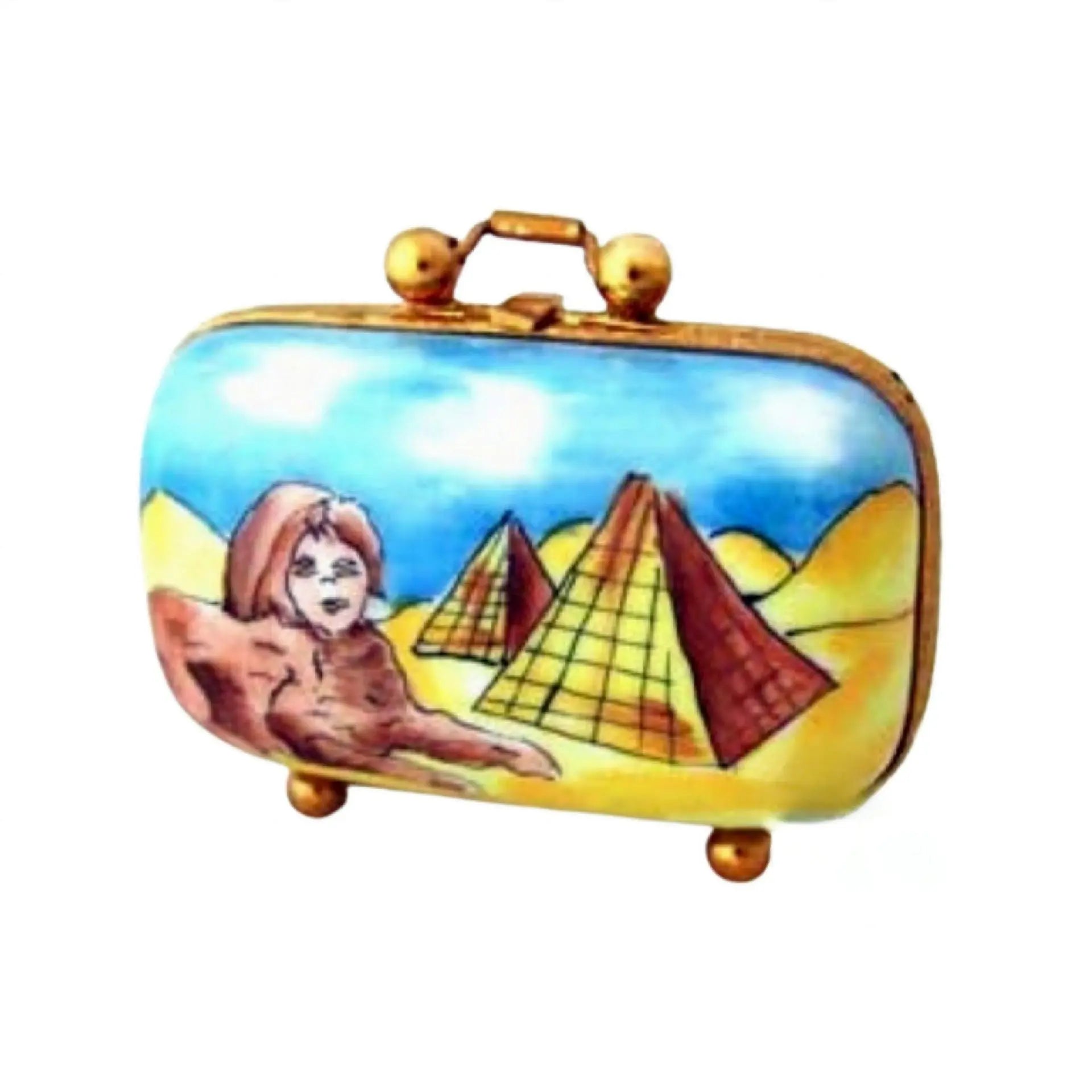 Artoria Egypt travel Limoges box featuring hand-painted pyramids and Sphinx design in blue and yellow