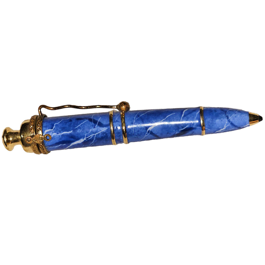 Elegant Blue Marble Ballpoint Pen Porcelain Limoges professional French Trinket Box