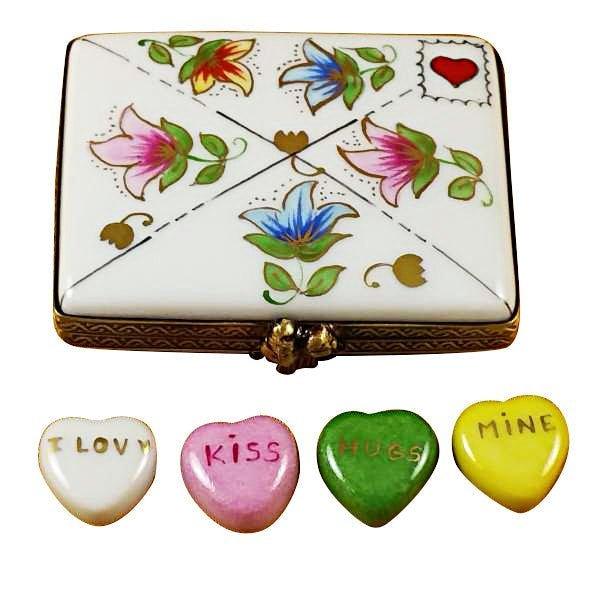 Envelope with Conversation Hearts Porcelain Limoges valentine heart French Trinket Box