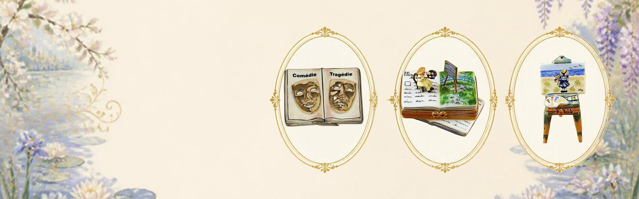 Fine art Limoges boxes: Theater Comedy Tragedy, Monet Water Lilies Book and Easel with Girl in gold cameo frames
