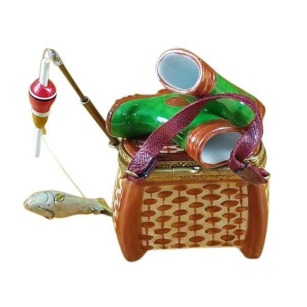 Fisherman Boots on Creel Porcelain Limoges sports fish French Trinket Box