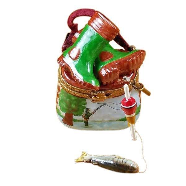 Fisherman Boots on Creel Porcelain Limoges sports fish French Trinket Box