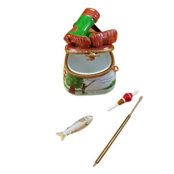 Fisherman Boots on Creel Porcelain Limoges sports fish French Trinket Box