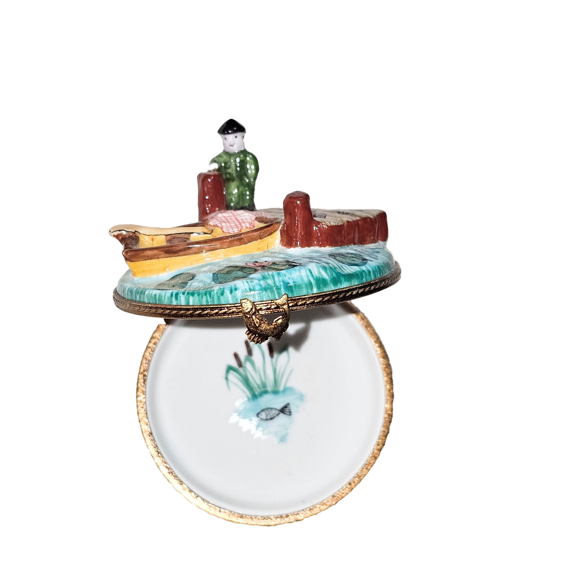 Fisherman on Serene Waters Porcelain Limoges vehicle sports boat French Trinket Box
