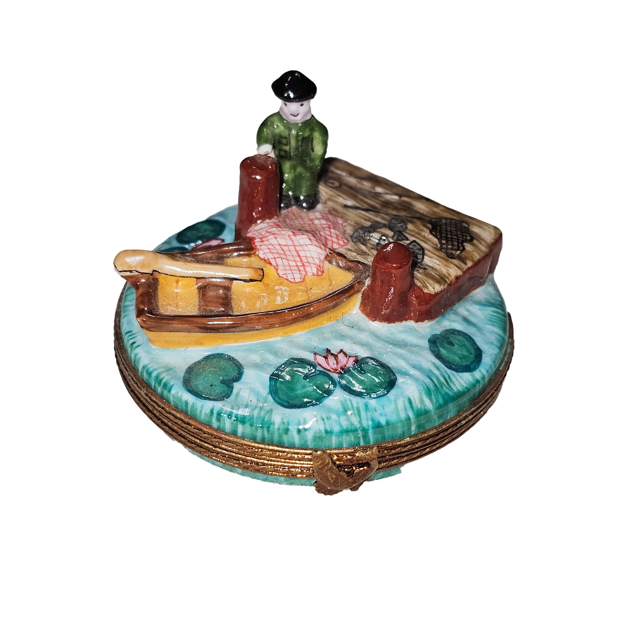 Fisherman on Serene Waters Porcelain Limoges vehicle sports boat French Trinket Box