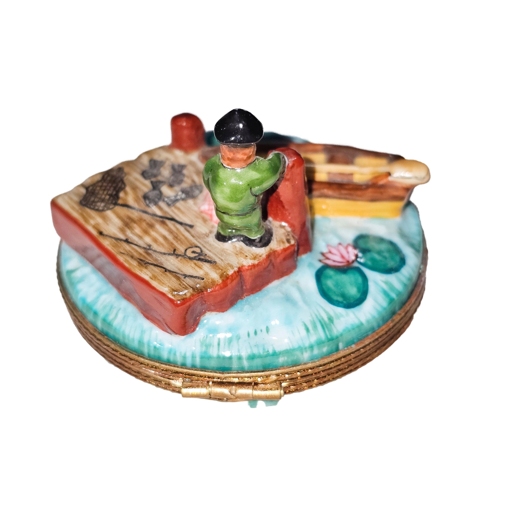 Fisherman on Serene Waters Porcelain Limoges vehicle sports boat French Trinket Box