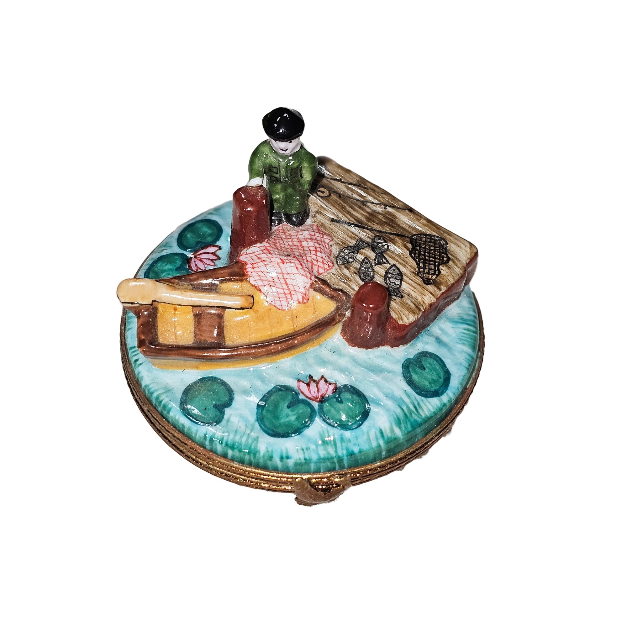 Fisherman on Serene Waters Porcelain Limoges vehicle sports boat French Trinket Box