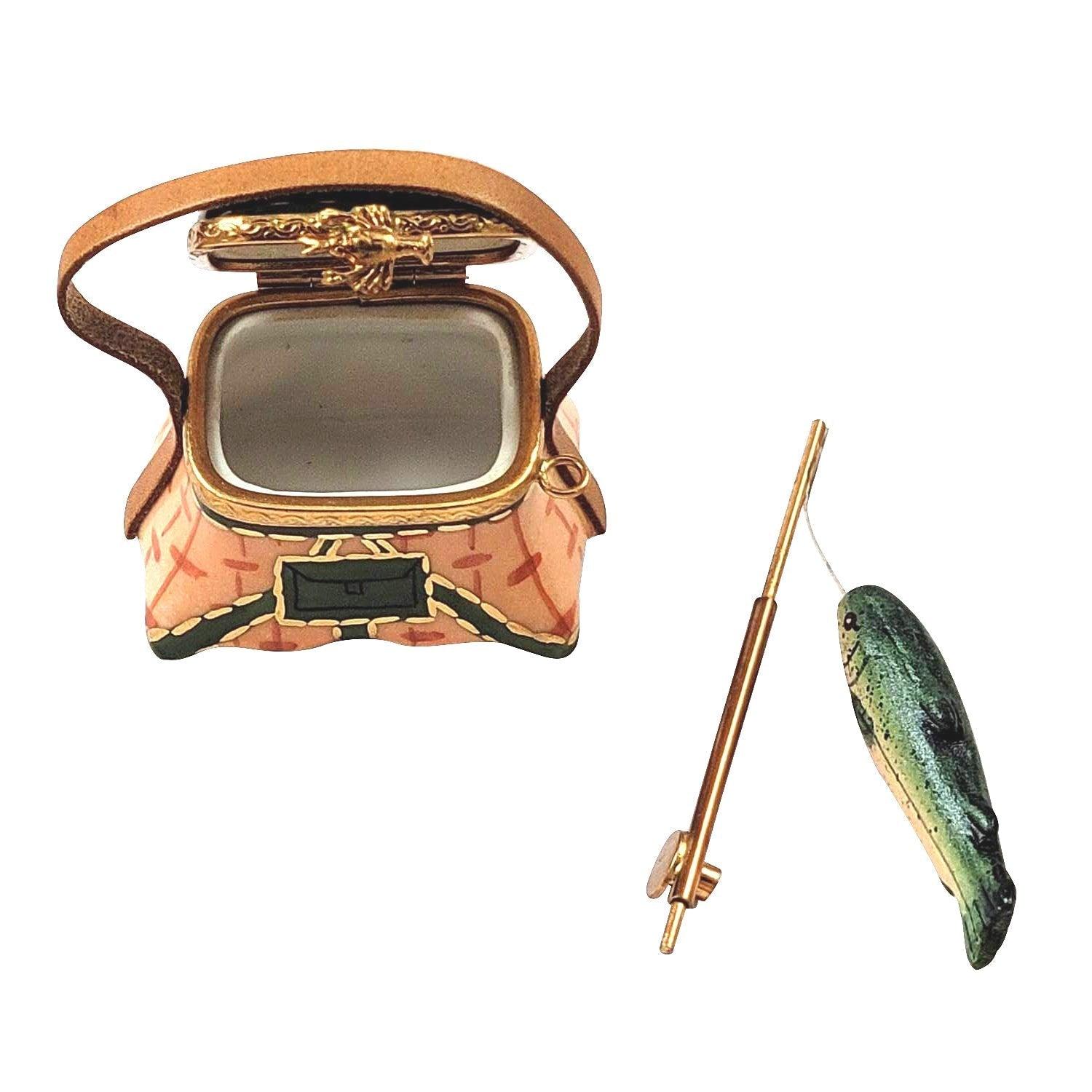 Fishing Basket with Rod & Fish Porcelain Limoges sports fish French Trinket Box