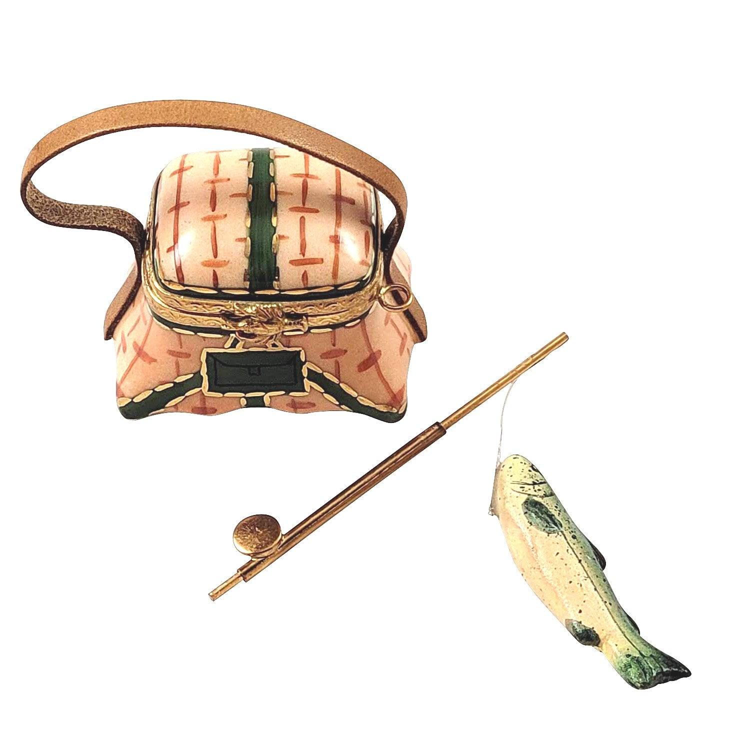 Fishing Basket with Rod & Fish Porcelain Limoges sports fish French Trinket Box