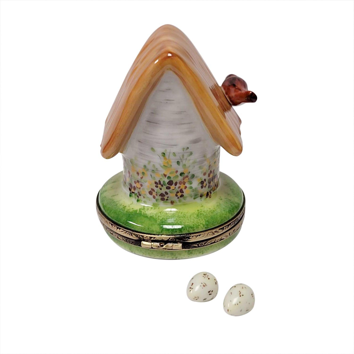 Floral Birdhouse with Cardinal, Bird & Removable Porcelain Limoges bird garden French Trinket Box