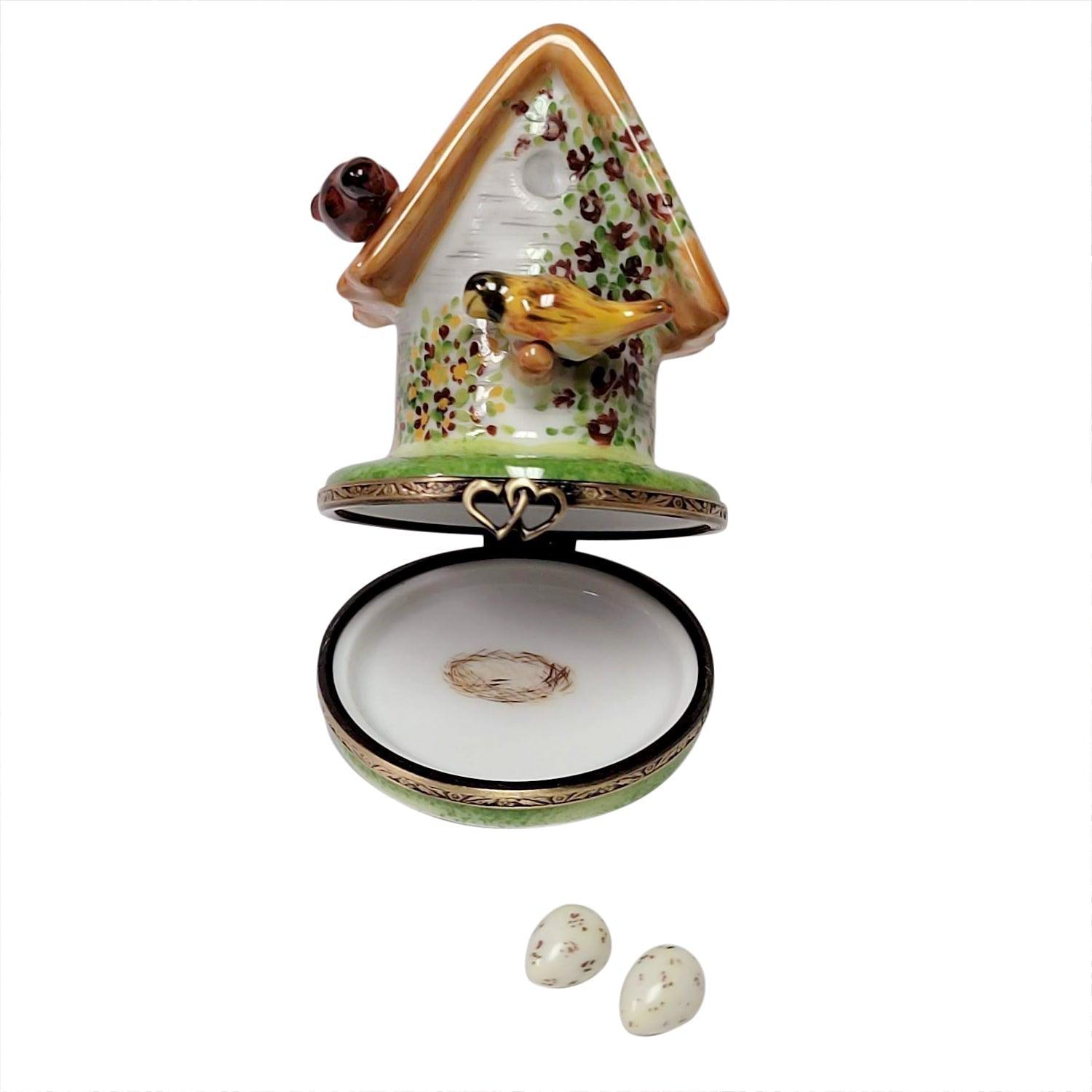 Floral Birdhouse with Cardinal, Bird & Removable Porcelain Limoges bird garden French Trinket Box