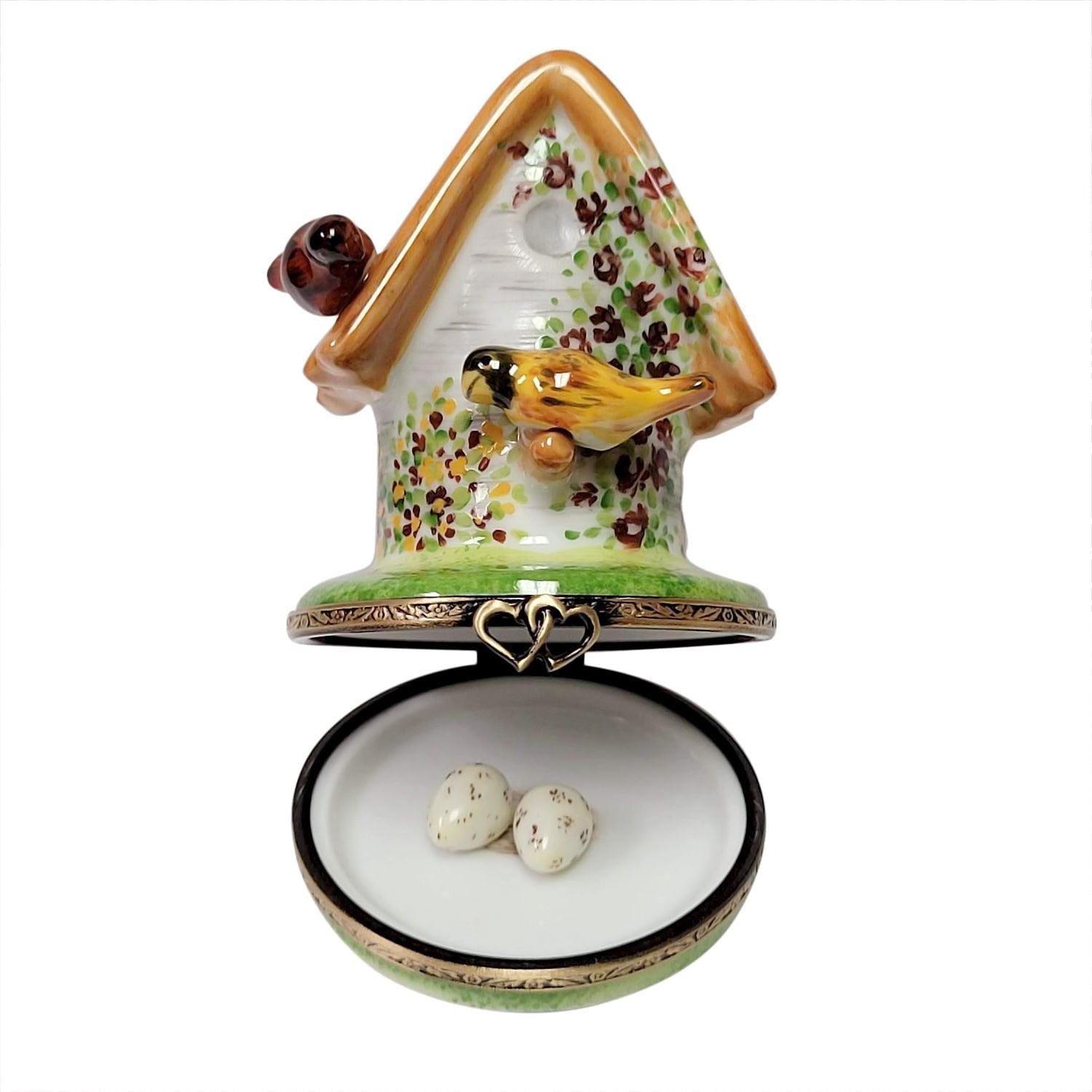 Floral Birdhouse with Cardinal, Bird & Removable Porcelain Limoges bird garden French Trinket Box