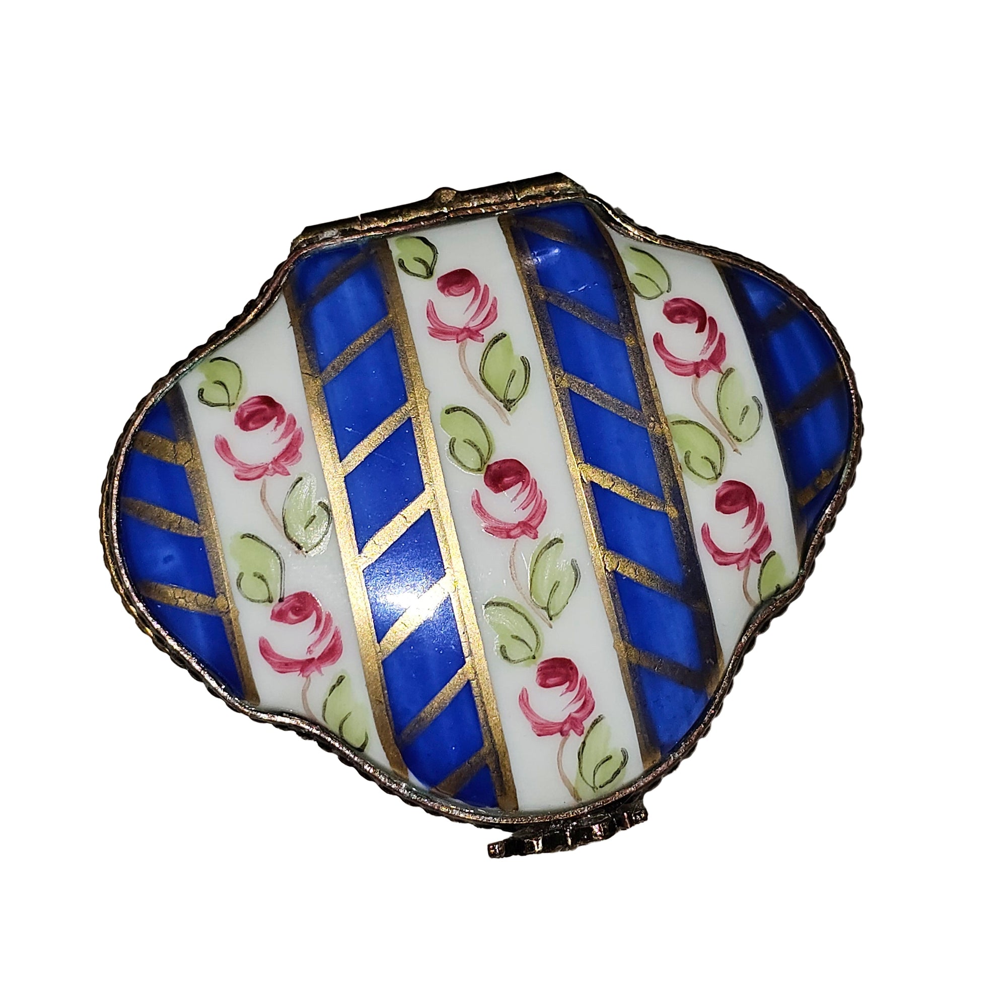 Floral Elegance Blue Stripes Box Porcelain Limoges traditional French Trinket Box