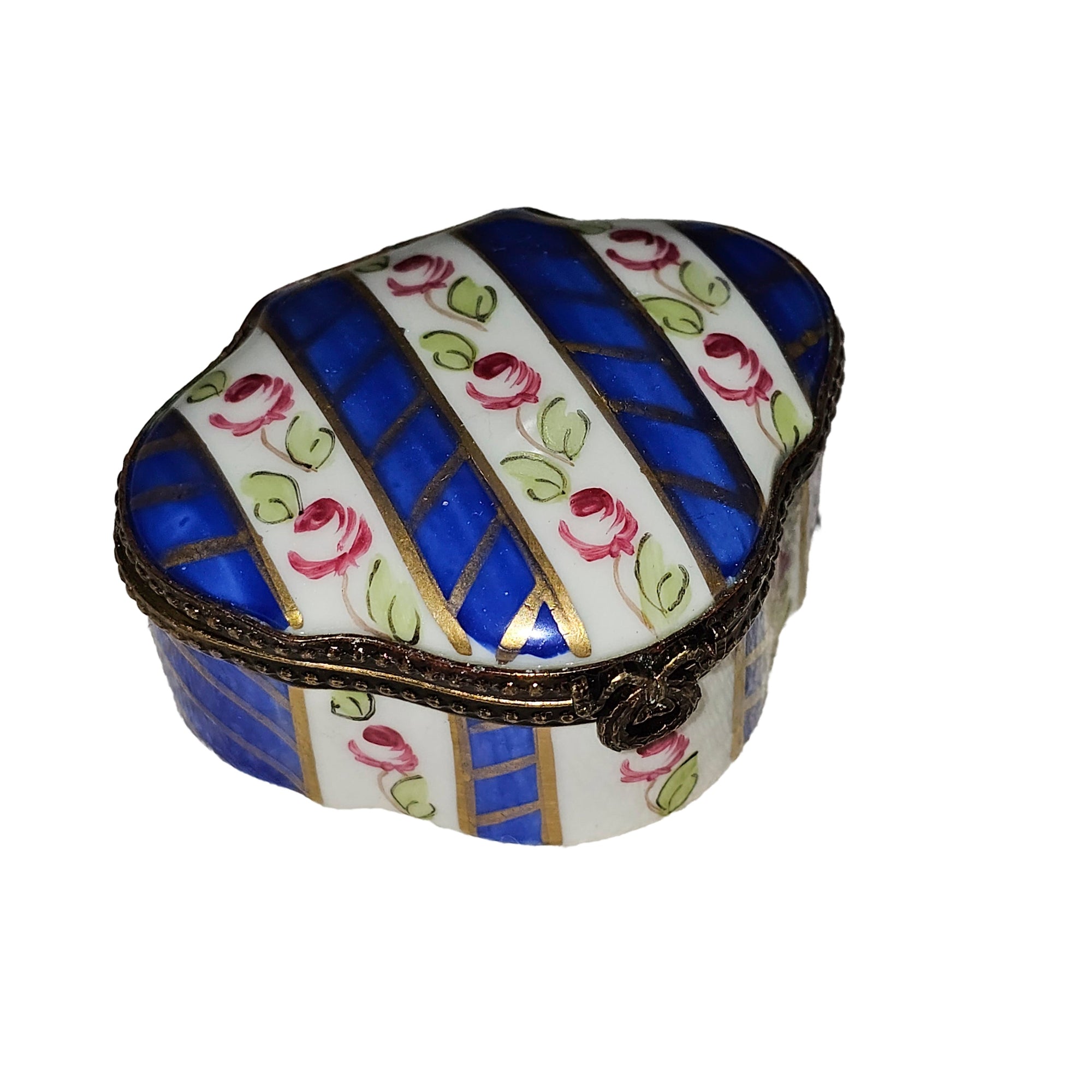 Floral Elegance Blue Stripes Box Porcelain Limoges traditional French Trinket Box