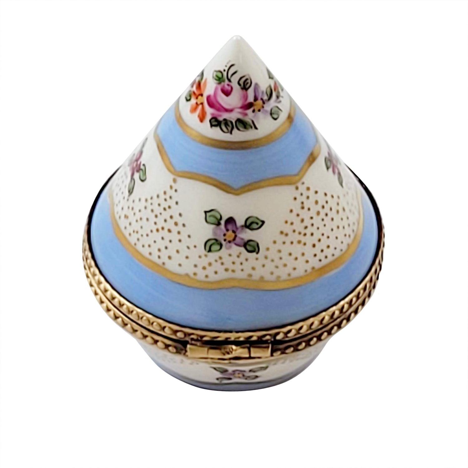 Floral Light Blue & Gold Cone Shape Porcelain Limoges traditional French Trinket Box